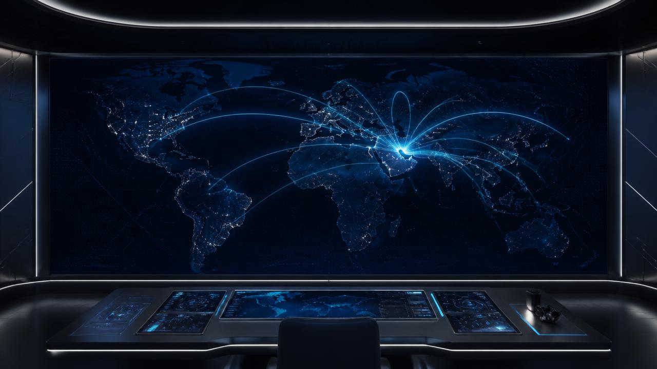 Cinematic command-center illustration of global commercial interest connecting into the UAE and MENA through BIX Axis.