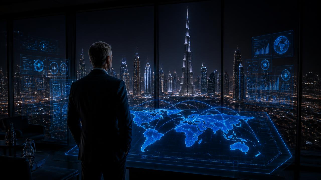 Illustrative dark command visual of a business decision maker overlooking the Dubai skyline with a holographic commercial intelligence interface.