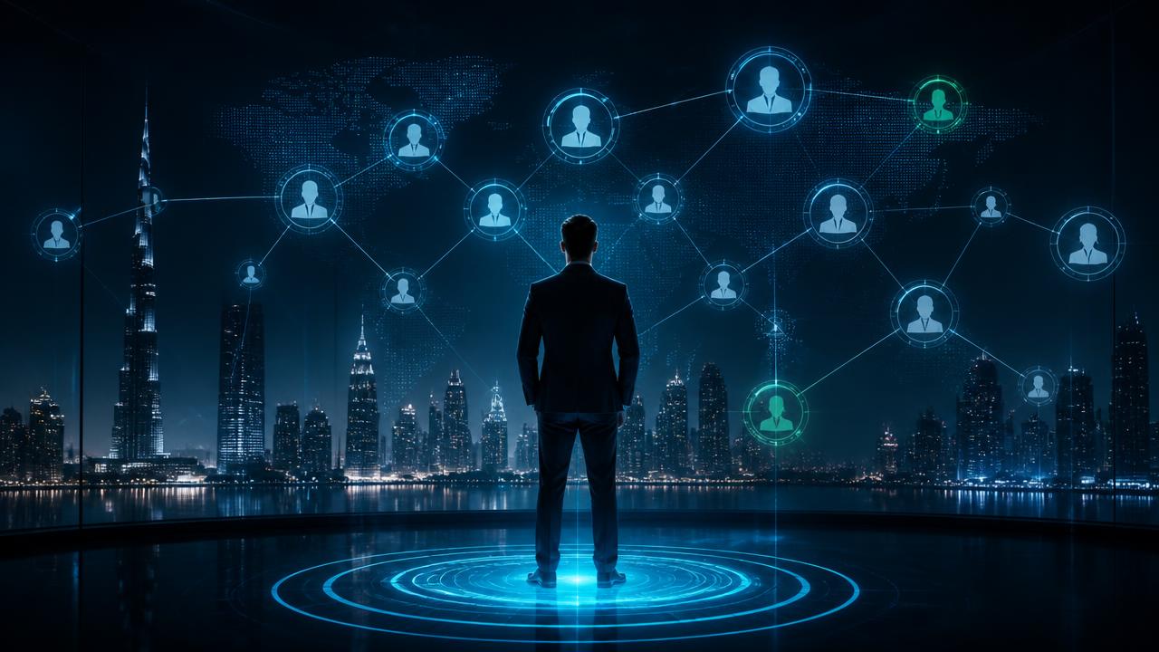 Illustrative dark visual of a commercial professional connected to a network of verified contacts across a digital map with the Dubai skyline behind.
