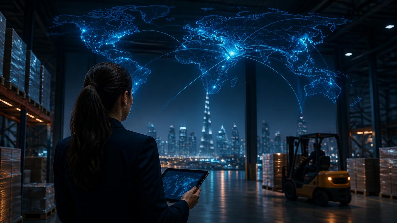 Illustrative dark visual of a supply professional in a warehouse with a digital network connecting supply to the Dubai skyline and commercial demand.