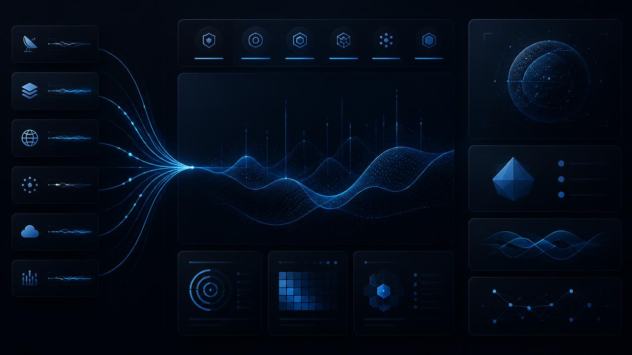 Premium dark intelligence visual showing commercial signals becoming structured insight panels without invented statistics.